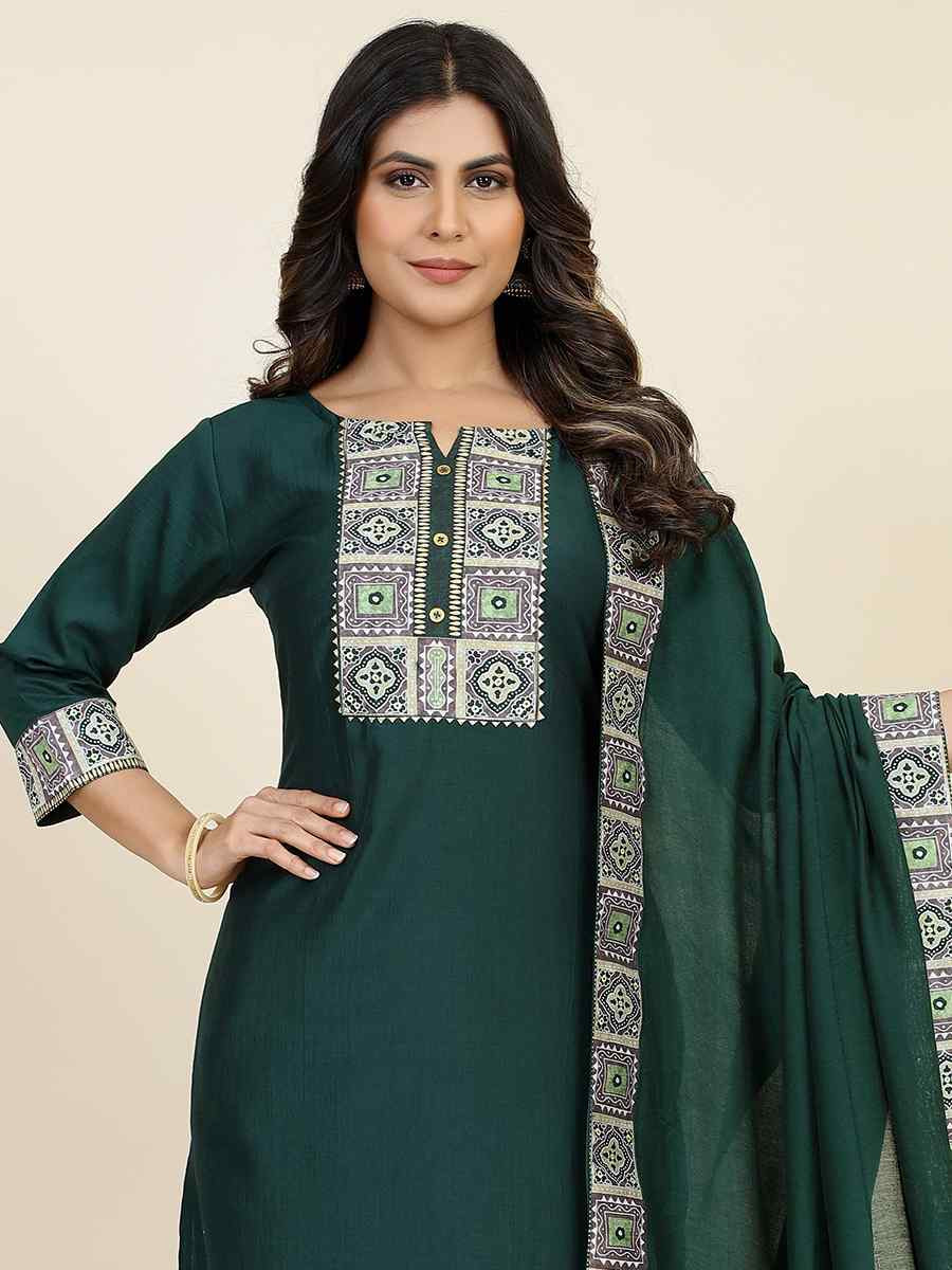 Dark Green Chinon Silk Embroidered Festival Casual Ready Pant Salwar Kameez