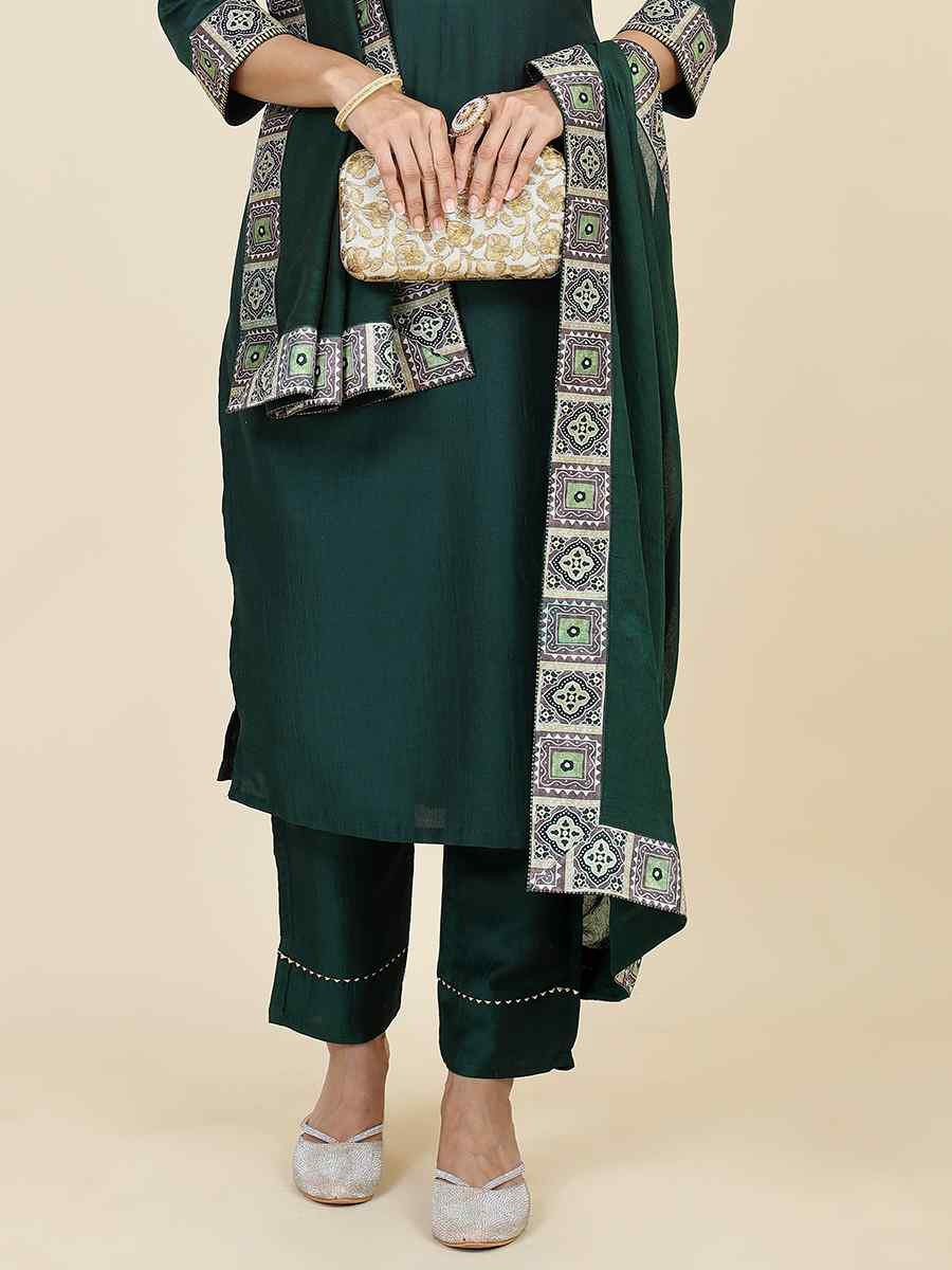 Dark Green Chinon Silk Embroidered Festival Casual Ready Pant Salwar Kameez