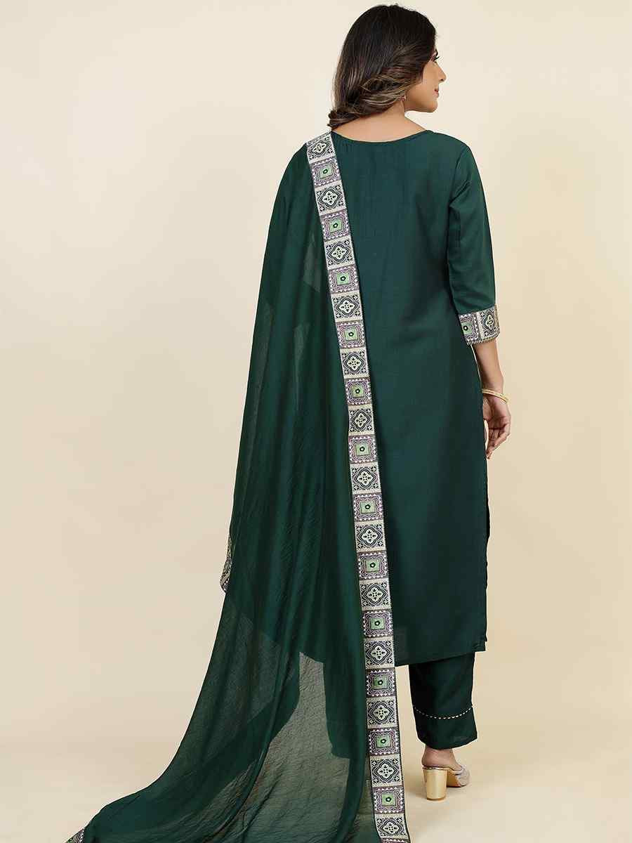 Dark Green Chinon Silk Embroidered Festival Casual Ready Pant Salwar Kameez