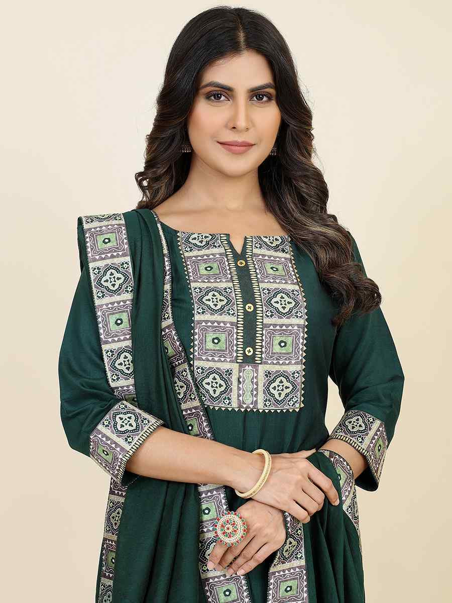 Dark Green Chinon Silk Embroidered Festival Casual Ready Pant Salwar Kameez