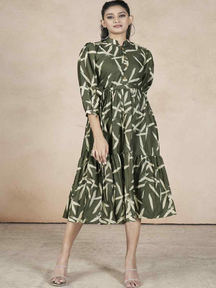 Dark Green Cotton Printed Festival Casual Gown