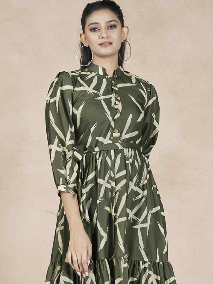 Dark Green Cotton Printed Festival Casual Gown