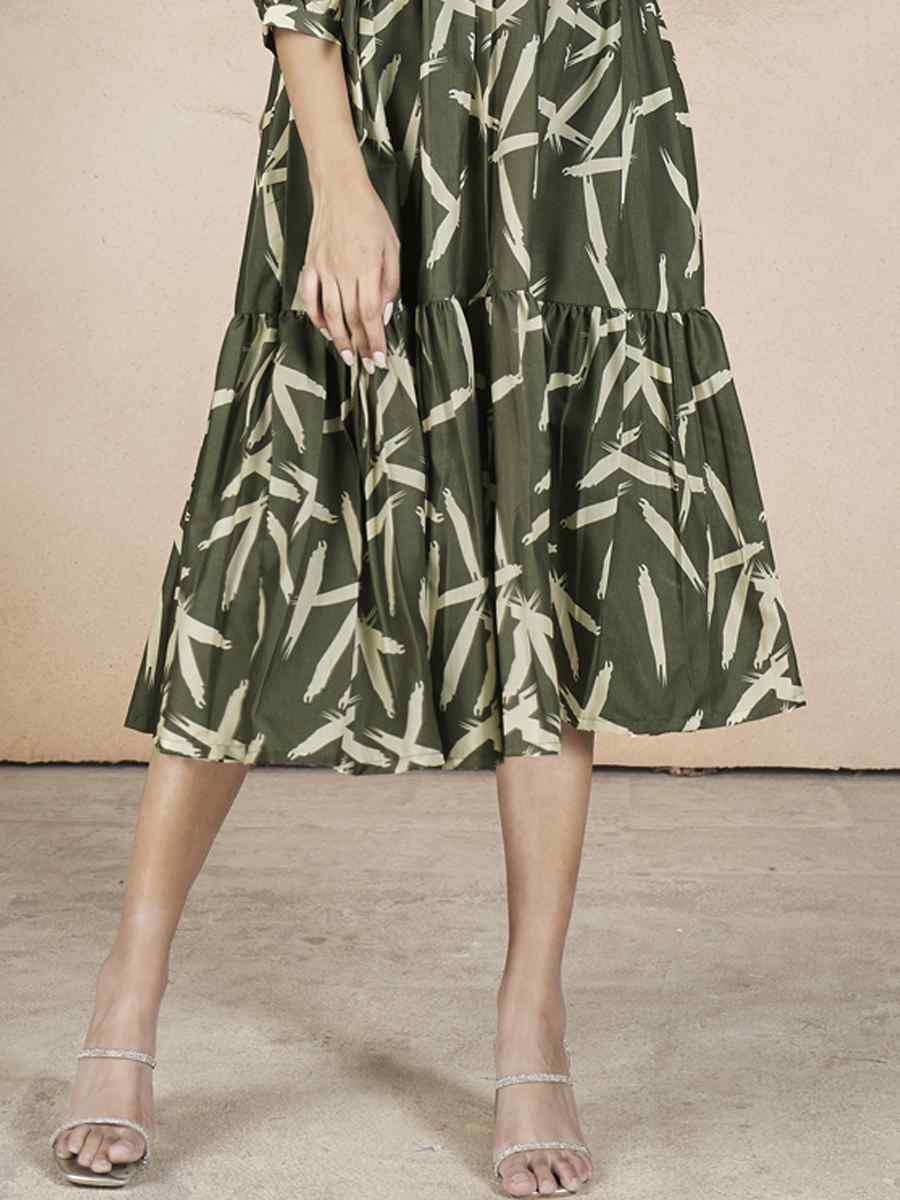 Dark Green Cotton Printed Festival Casual Gown