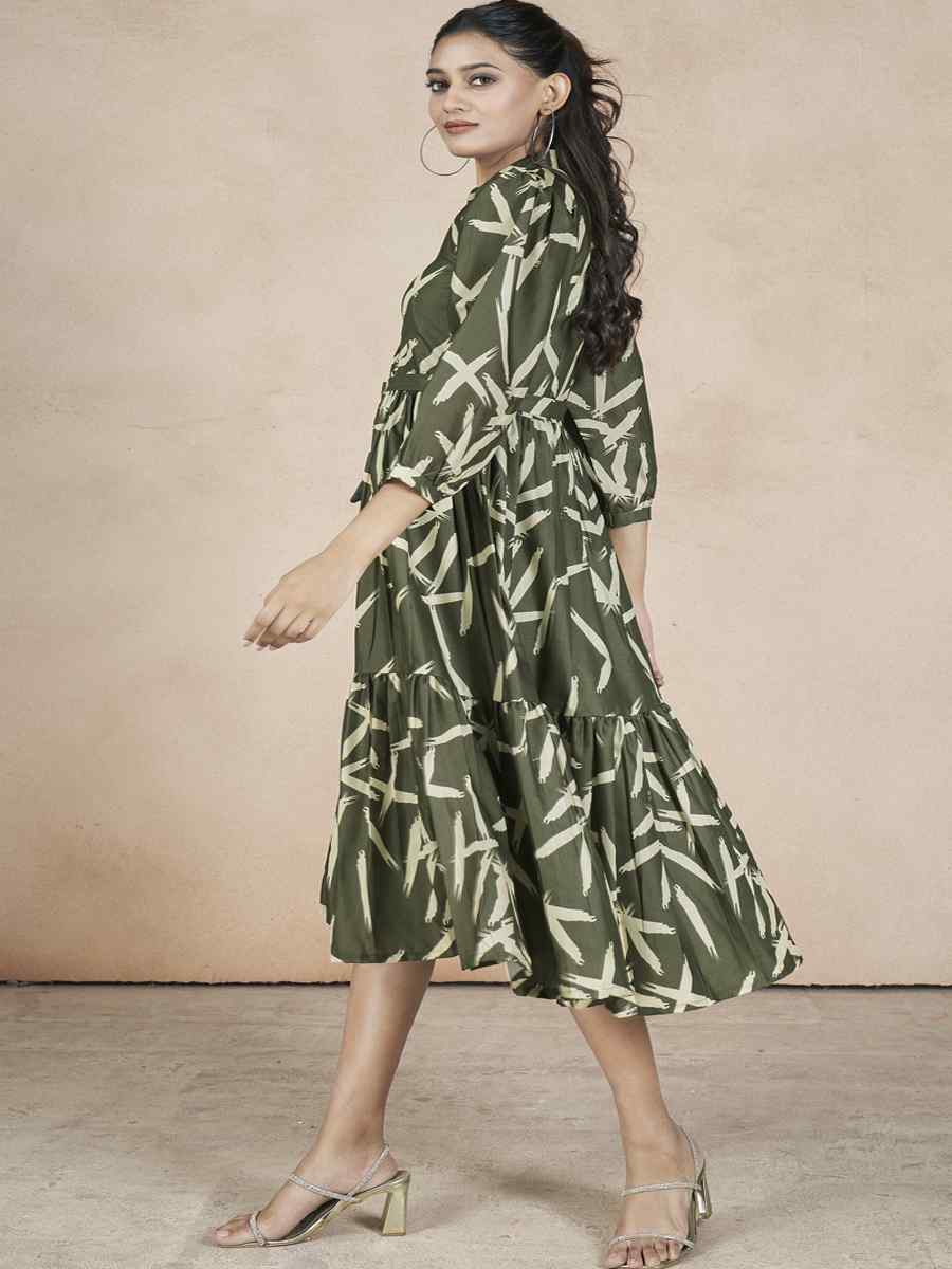 Dark Green Cotton Printed Festival Casual Gown