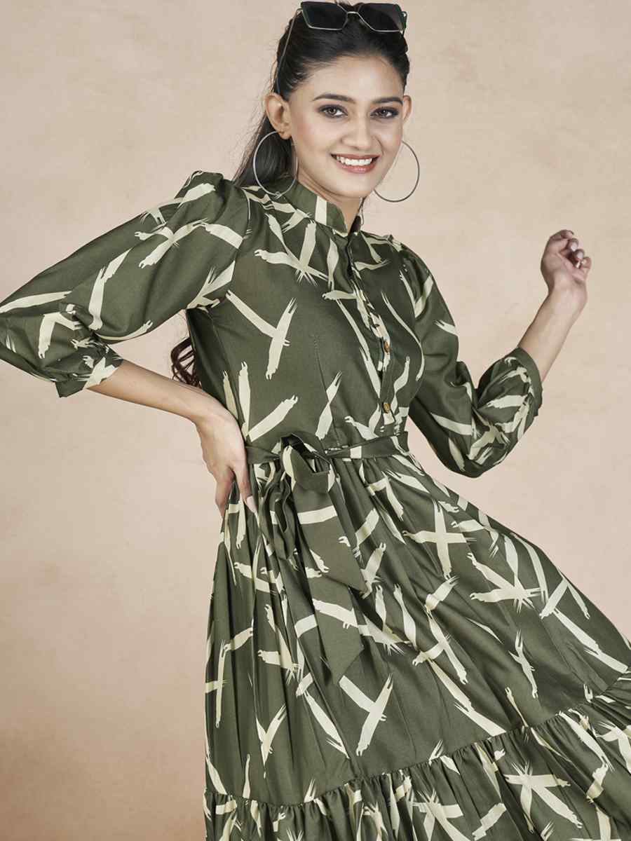 Dark Green Cotton Printed Festival Casual Gown