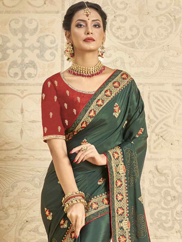 Buy Green Chinon Embroidered Sequin Plain Pre-draped Saree With