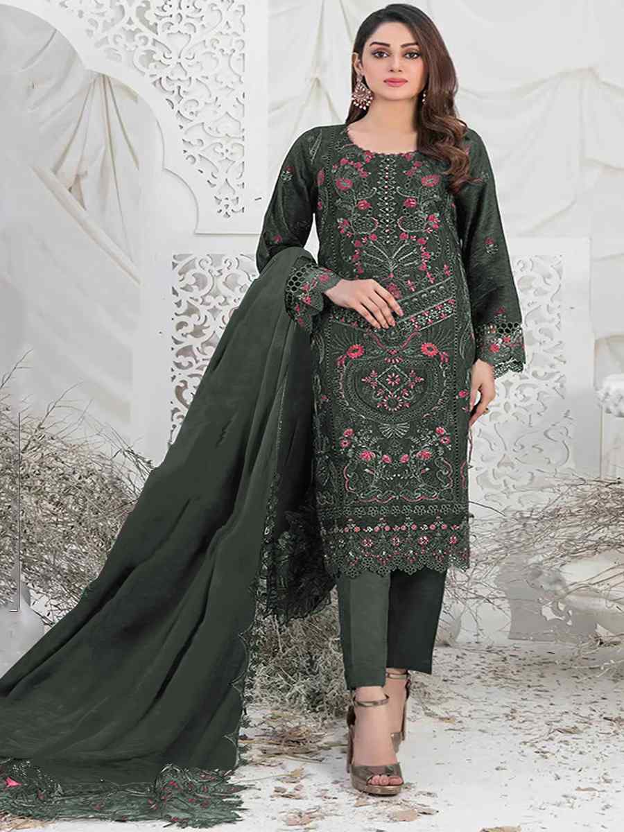 Dark Green Faux Georgette Embroidered Festival Casual Pant Salwar Kameez