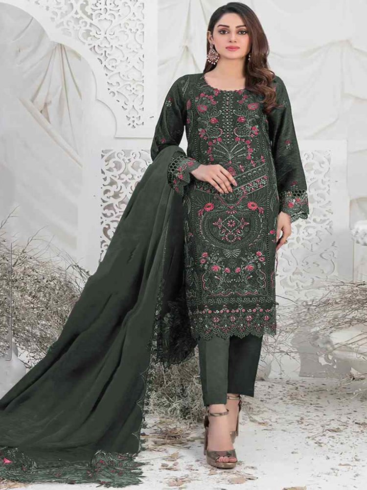 Dark Green Faux Georgette Embroidered Festival Casual Pant Salwar Kameez