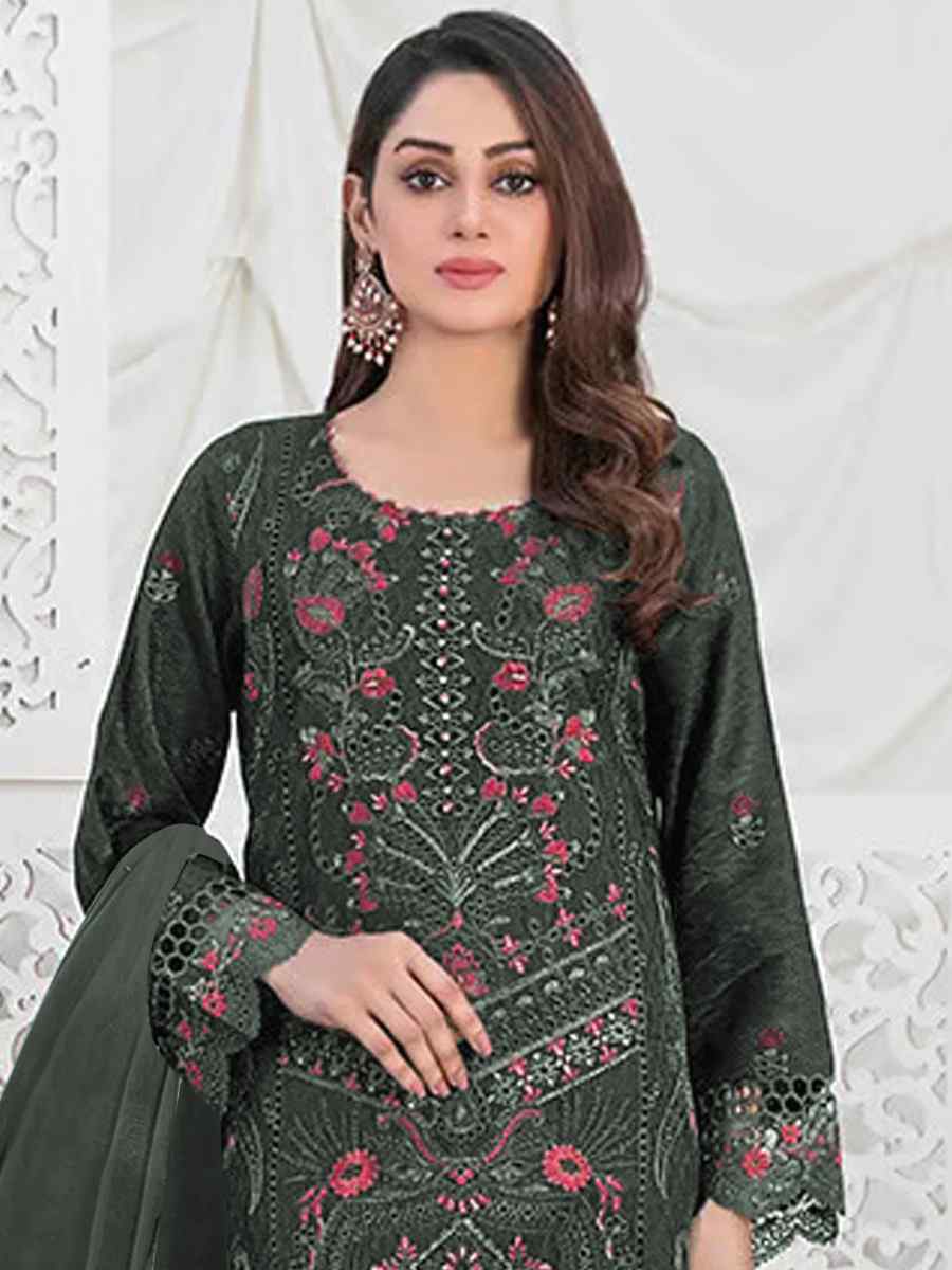 Dark Green Faux Georgette Embroidered Festival Casual Pant Salwar Kameez