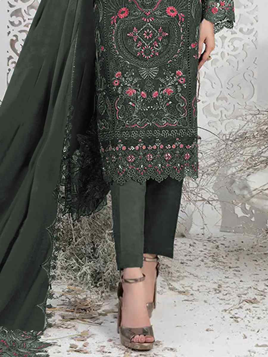 Dark Green Faux Georgette Embroidered Festival Casual Pant Salwar Kameez