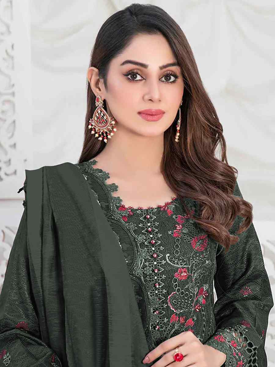 Dark Green Faux Georgette Embroidered Festival Casual Pant Salwar Kameez