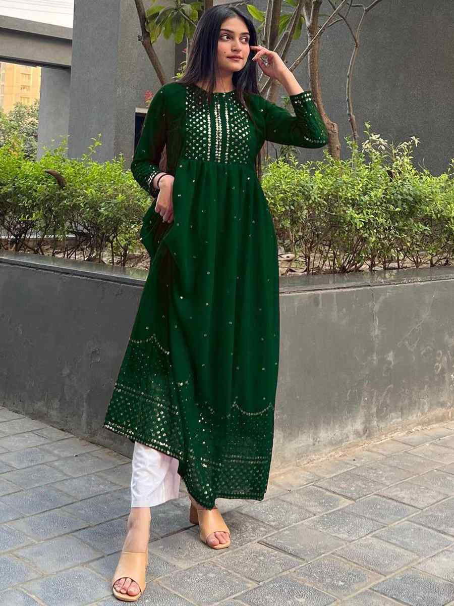 Dark Green Georgette Embroidered Festival Casual Ready Pant Salwar Kameez