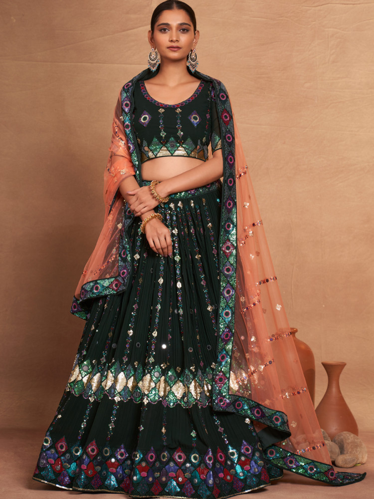 Dark Green Heavy Georgette Embroidered Bridesmaid Wedding Circular Lehenga Choli