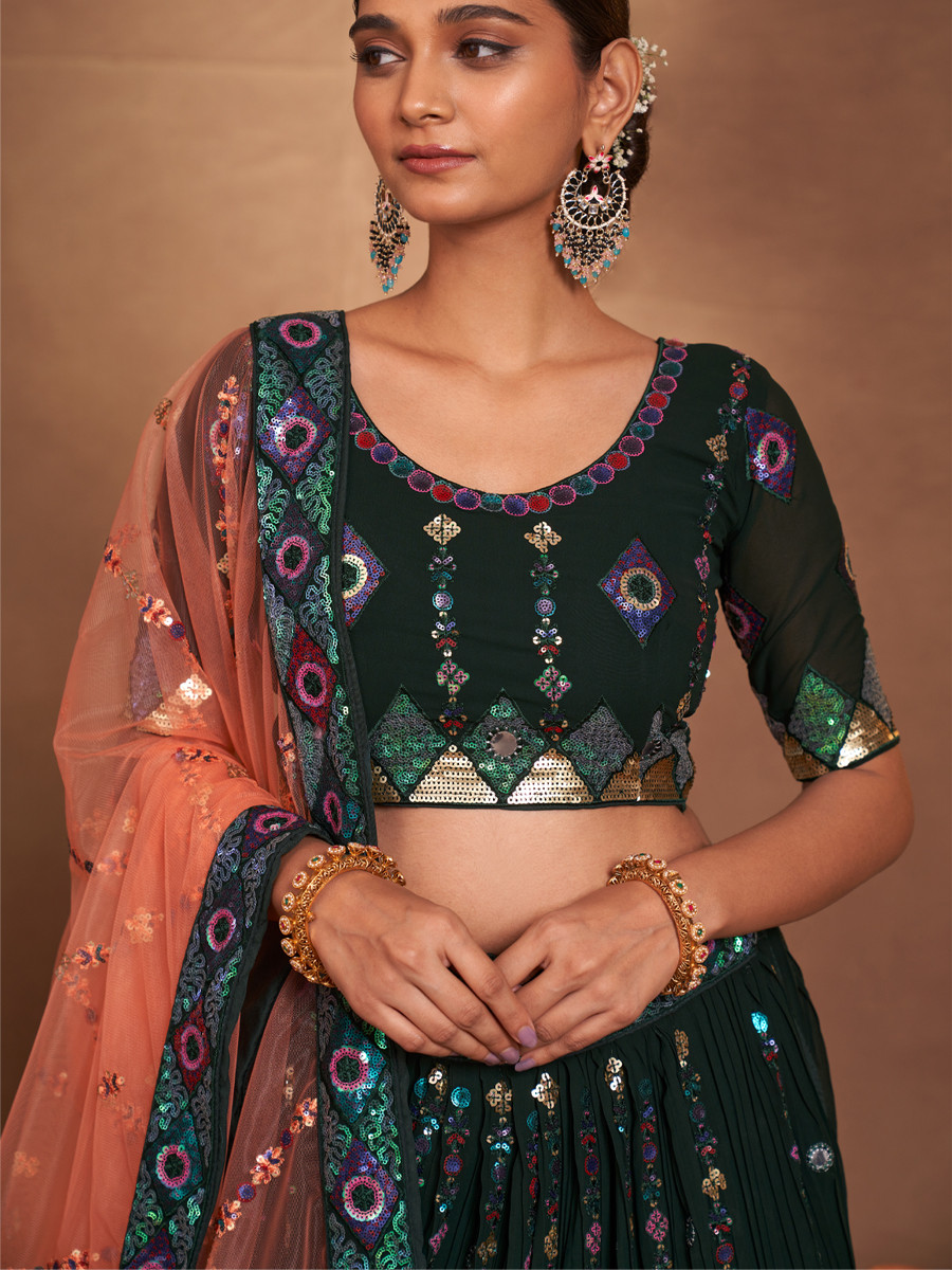 Dark Green Heavy Georgette Embroidered Bridesmaid Wedding Circular Lehenga Choli