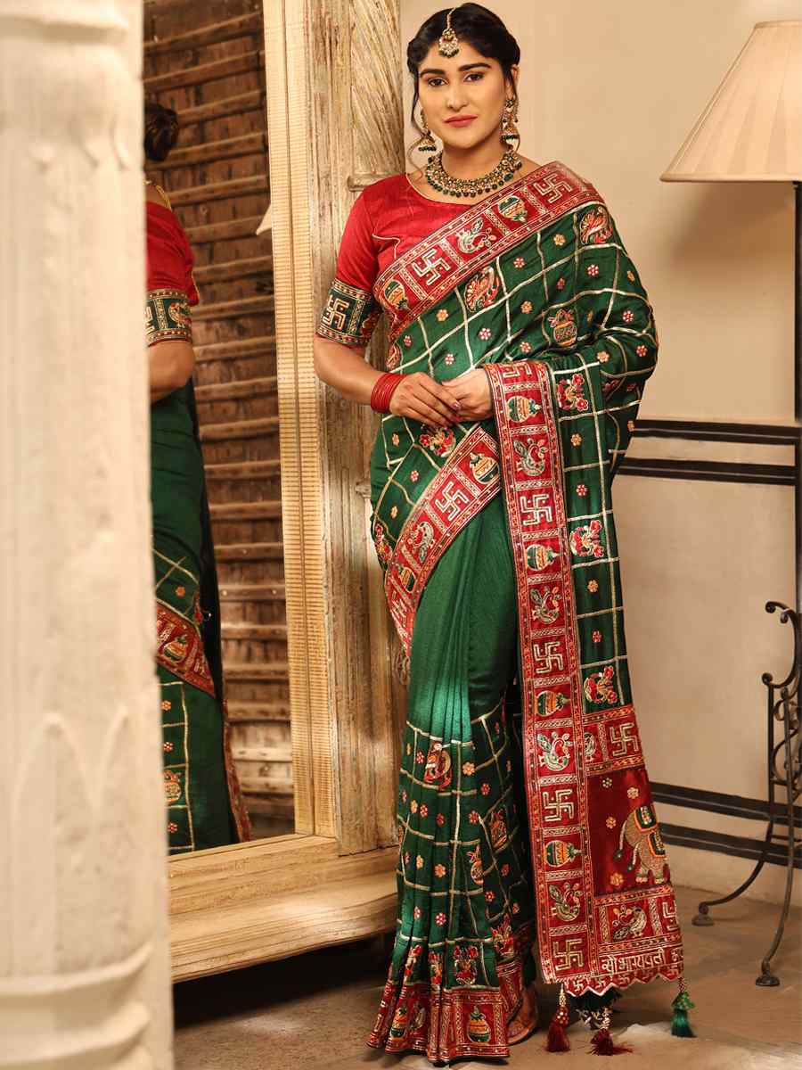 Dark Green Heavy Soft Silk Embroidered Party Reception Heavy Border Saree