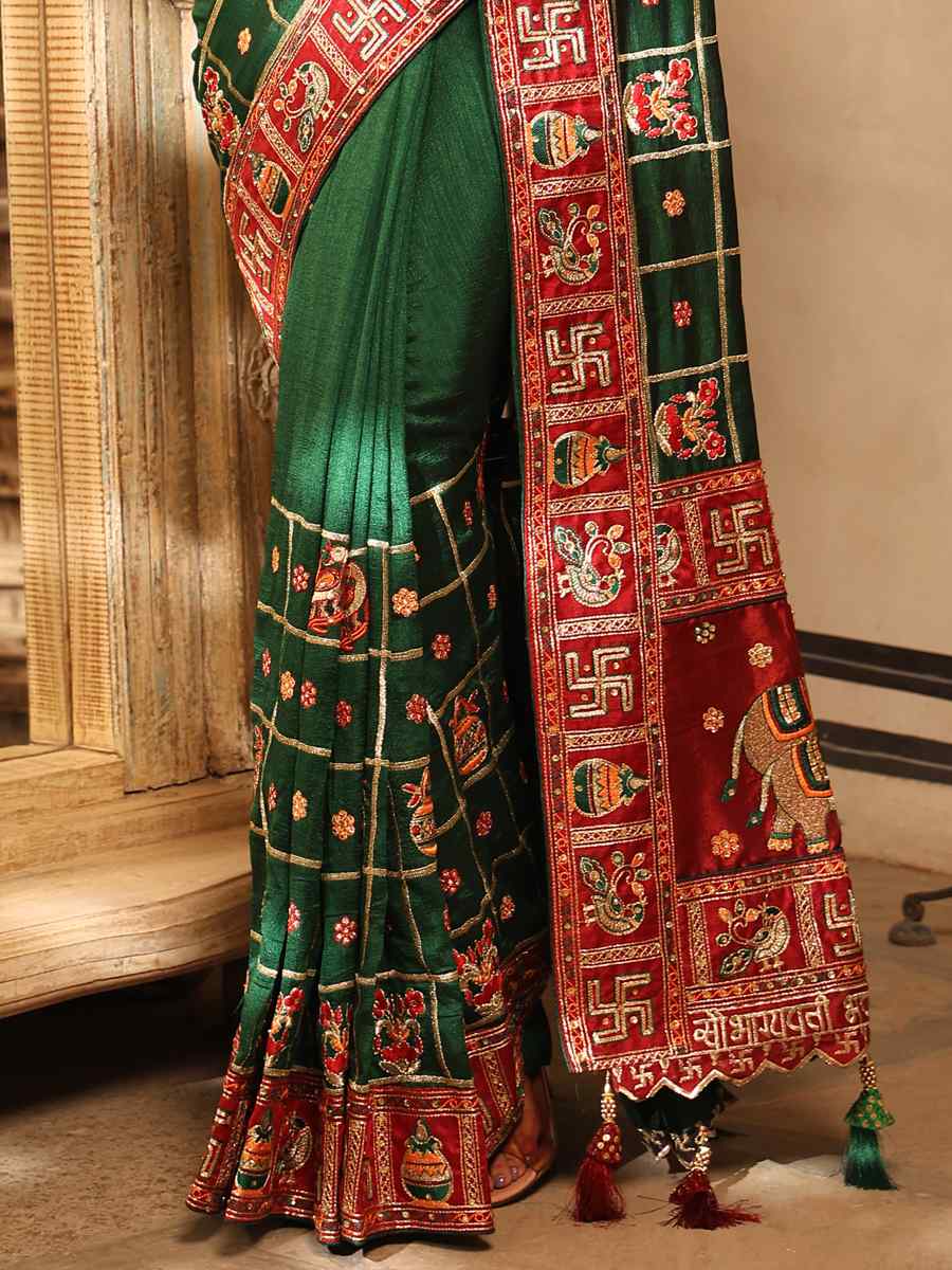 Dark Green Heavy Soft Silk Embroidered Party Reception Heavy Border Saree