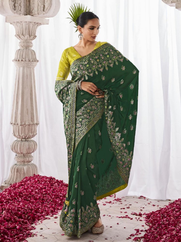 Dark Green Kora Silk Handwoven Festival Wedding Heavy Border Saree