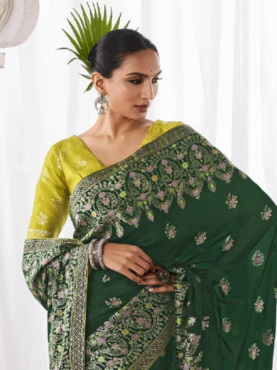 Dark Green Kora Silk Handwoven Festival Wedding Heavy Border Saree