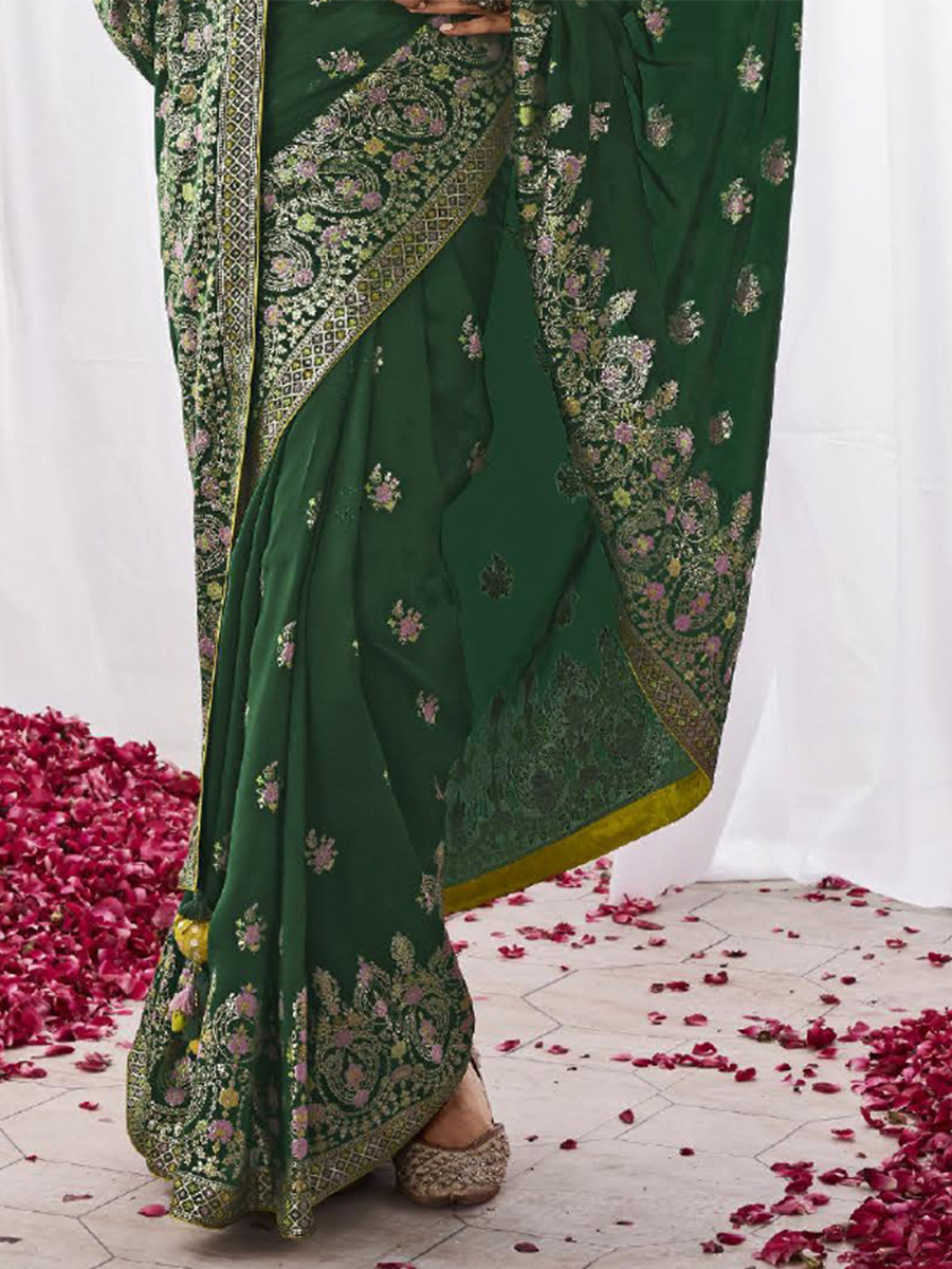 Dark Green Kora Silk Handwoven Festival Wedding Heavy Border Saree