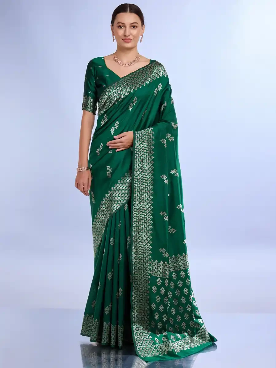 Dark Green Litchi Kota Silk Handwoven Festival Wedding Heavy Border Saree