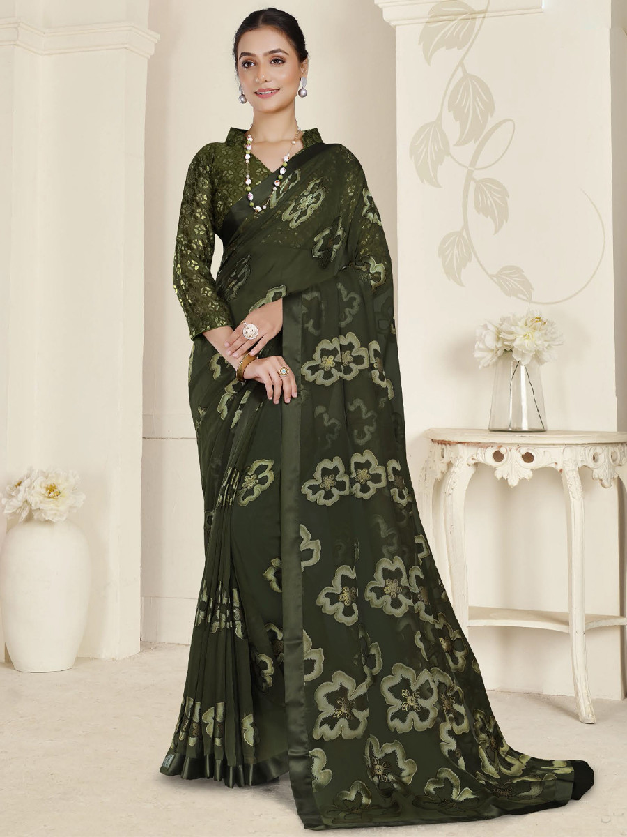 Dark Green Organza Printed Festival Casual Contemporary Saree