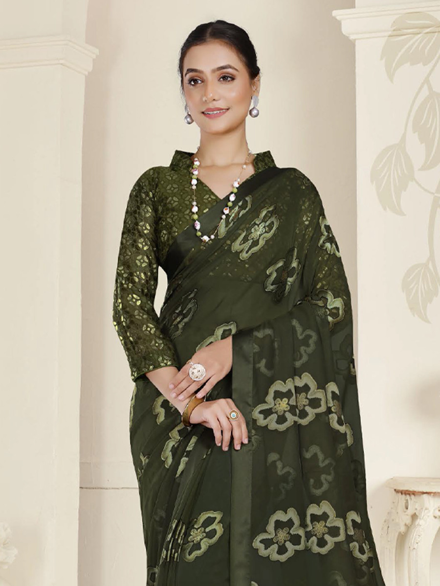 Dark Green Organza Printed Festival Casual Contemporary Saree