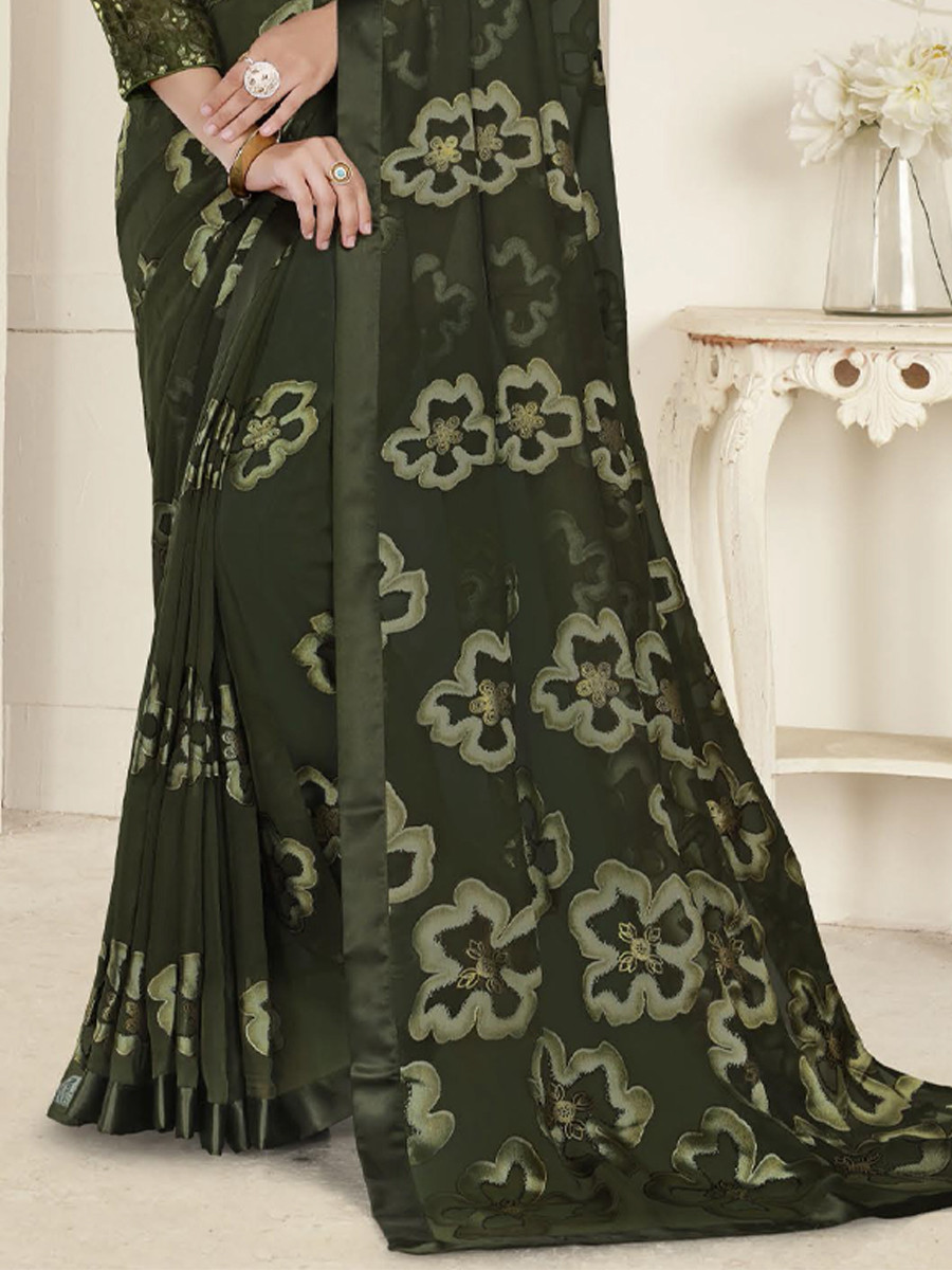 Dark Green Organza Printed Festival Casual Contemporary Saree