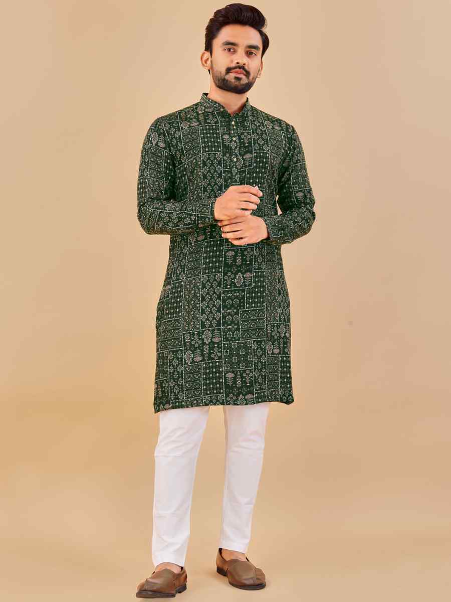 Dark Green Premium Soft Cotton Printed Festival Casual Kurta