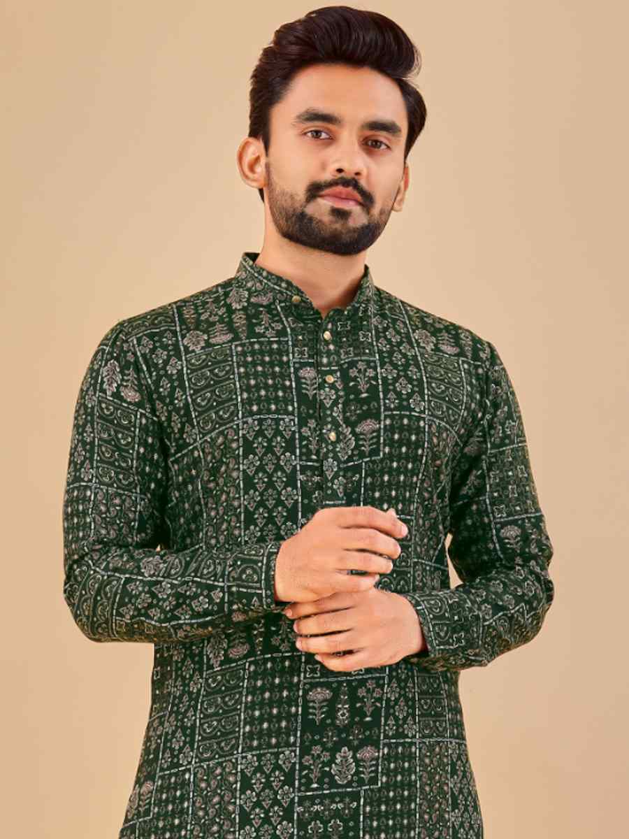 Dark Green Premium Soft Cotton Printed Festival Casual Kurta