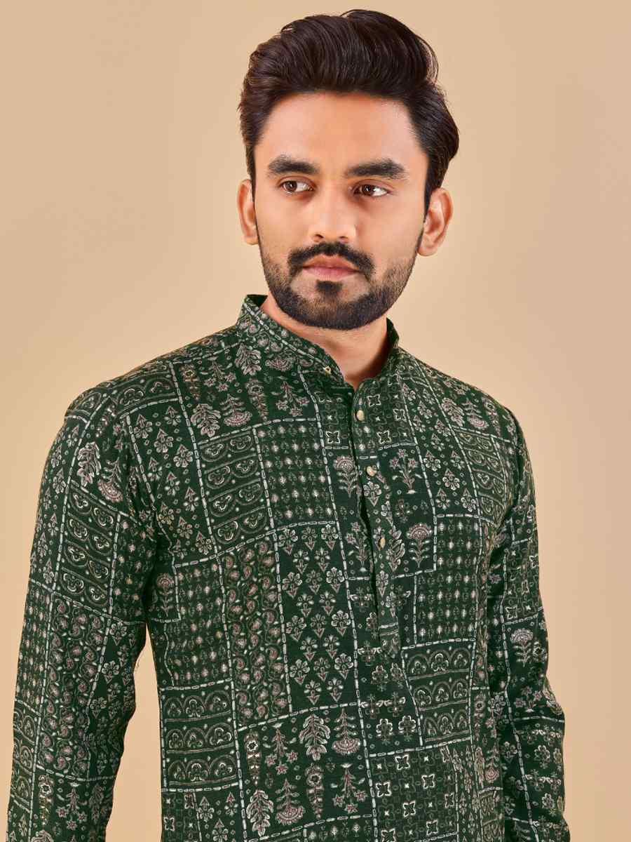 Dark Green Premium Soft Cotton Printed Festival Casual Kurta