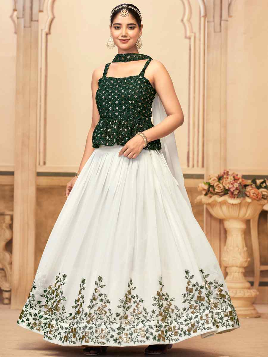 Dark Green Pure Georgette Embroidered Festival Party Wear Kurti Lehenga Choli