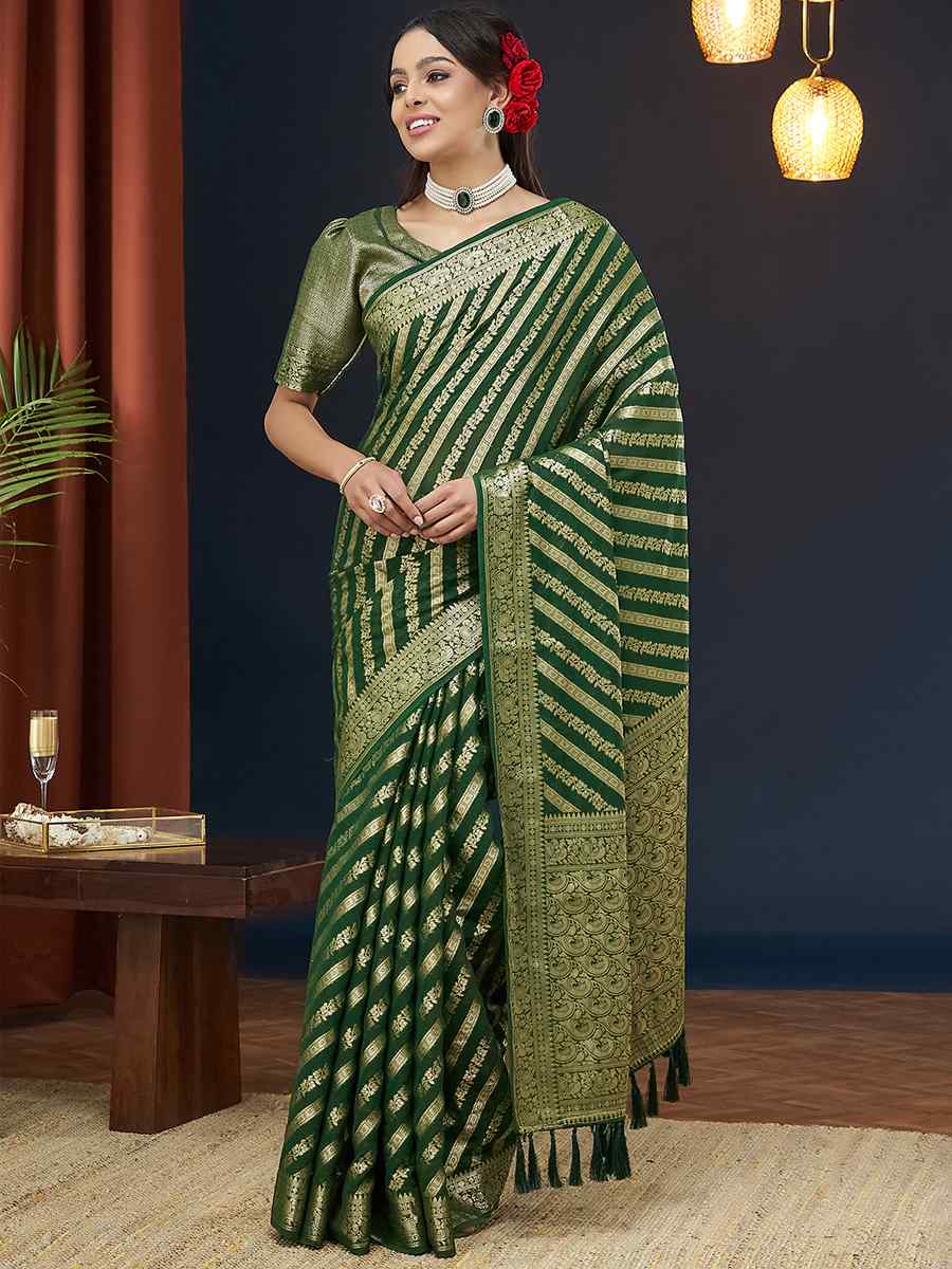 Dark Green Pure Georgette Handwoven Festival Wedding Heavy Border Saree