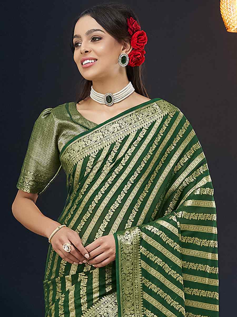 Dark Green Pure Georgette Handwoven Festival Wedding Heavy Border Saree