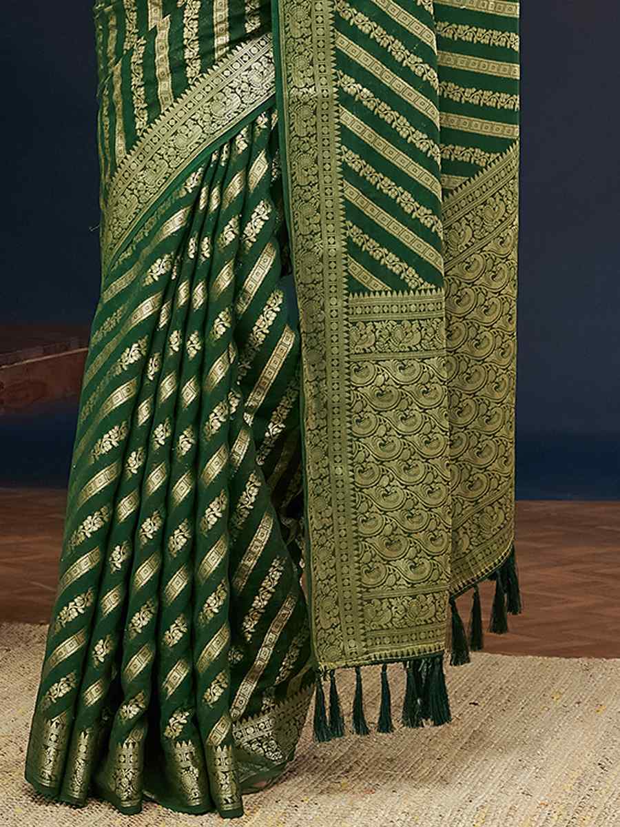 Dark Green Pure Georgette Handwoven Festival Wedding Heavy Border Saree