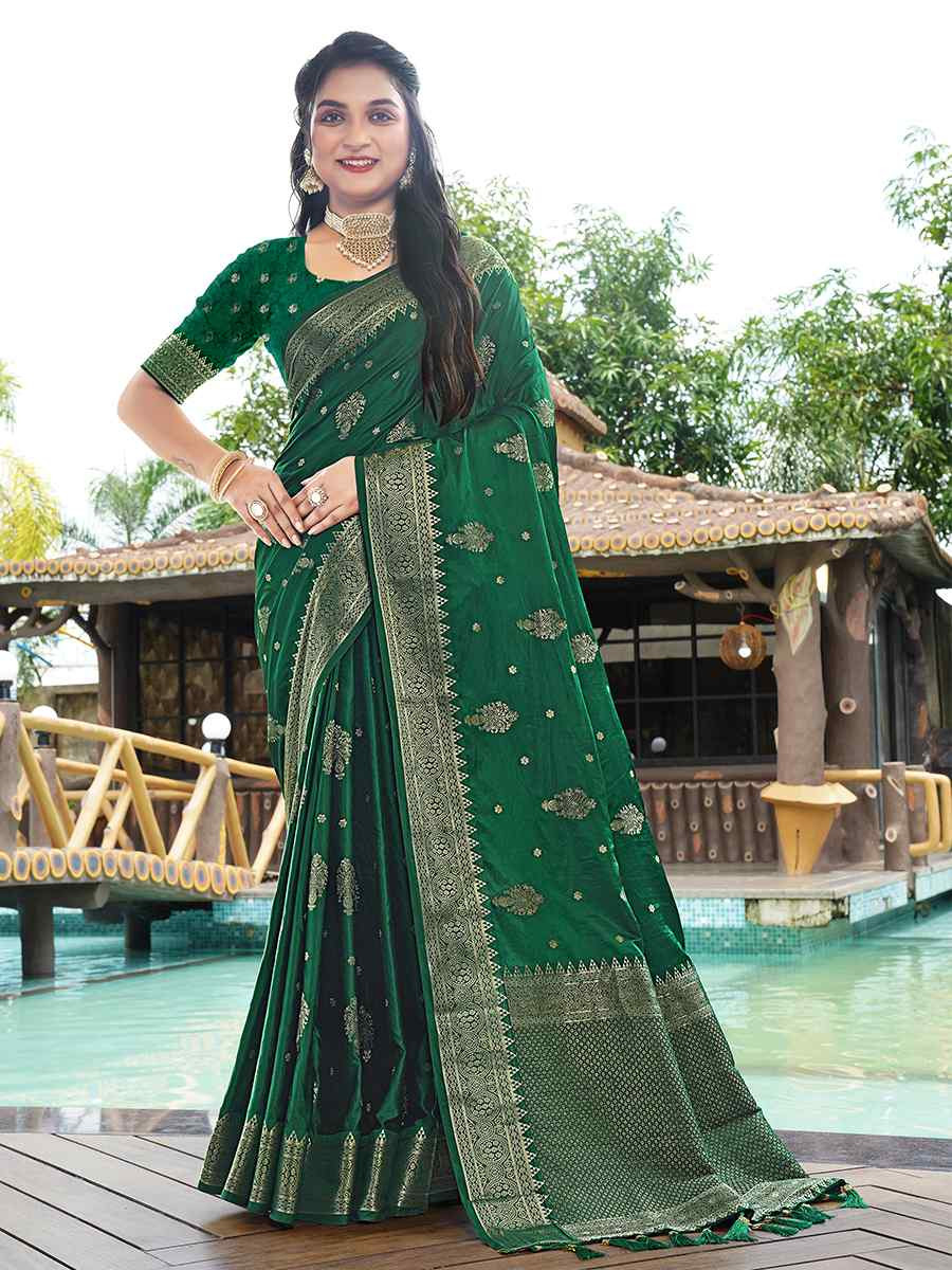 Dark Green Pure Satin Silk Handwoven Festival Wedding Heavy Border Saree