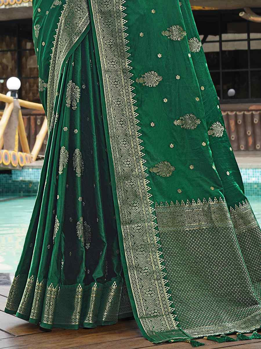 Dark Green Pure Satin Silk Handwoven Festival Wedding Heavy Border Saree