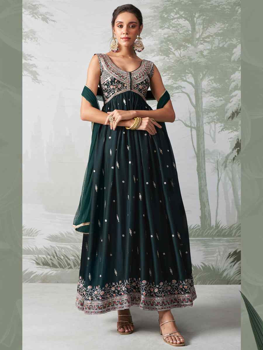 Dark Green Rangoli Georgette Embroidered Festival Wedding Anarkali Salwar Kameez