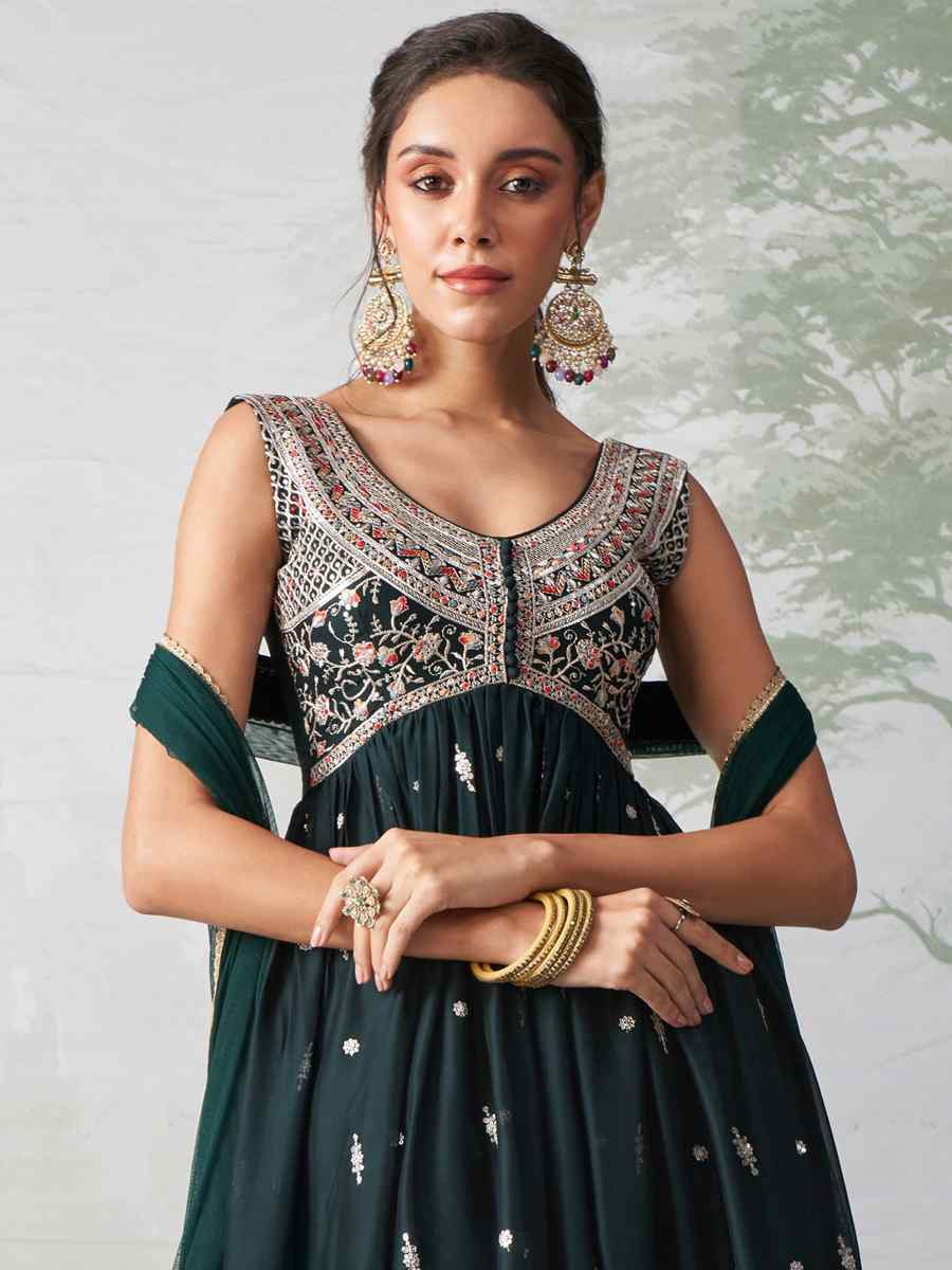 Dark Green Rangoli Georgette Embroidered Festival Wedding Anarkali Salwar Kameez