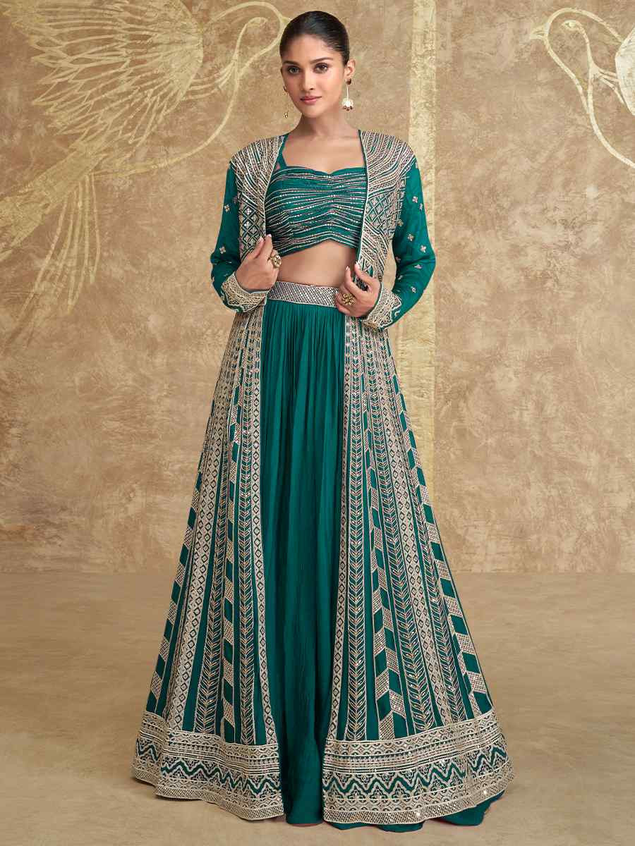 Dark Green Real Premium Chinon Silk Embroidered Wedding Festival Kurti Lehenga Choli