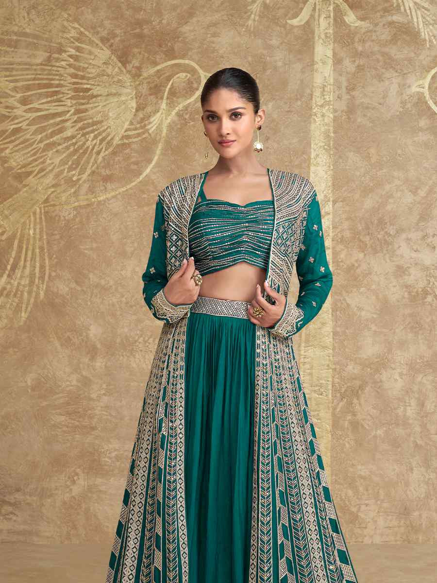 Dark Green Real Premium Chinon Silk Embroidered Wedding Festival Kurti Lehenga Choli