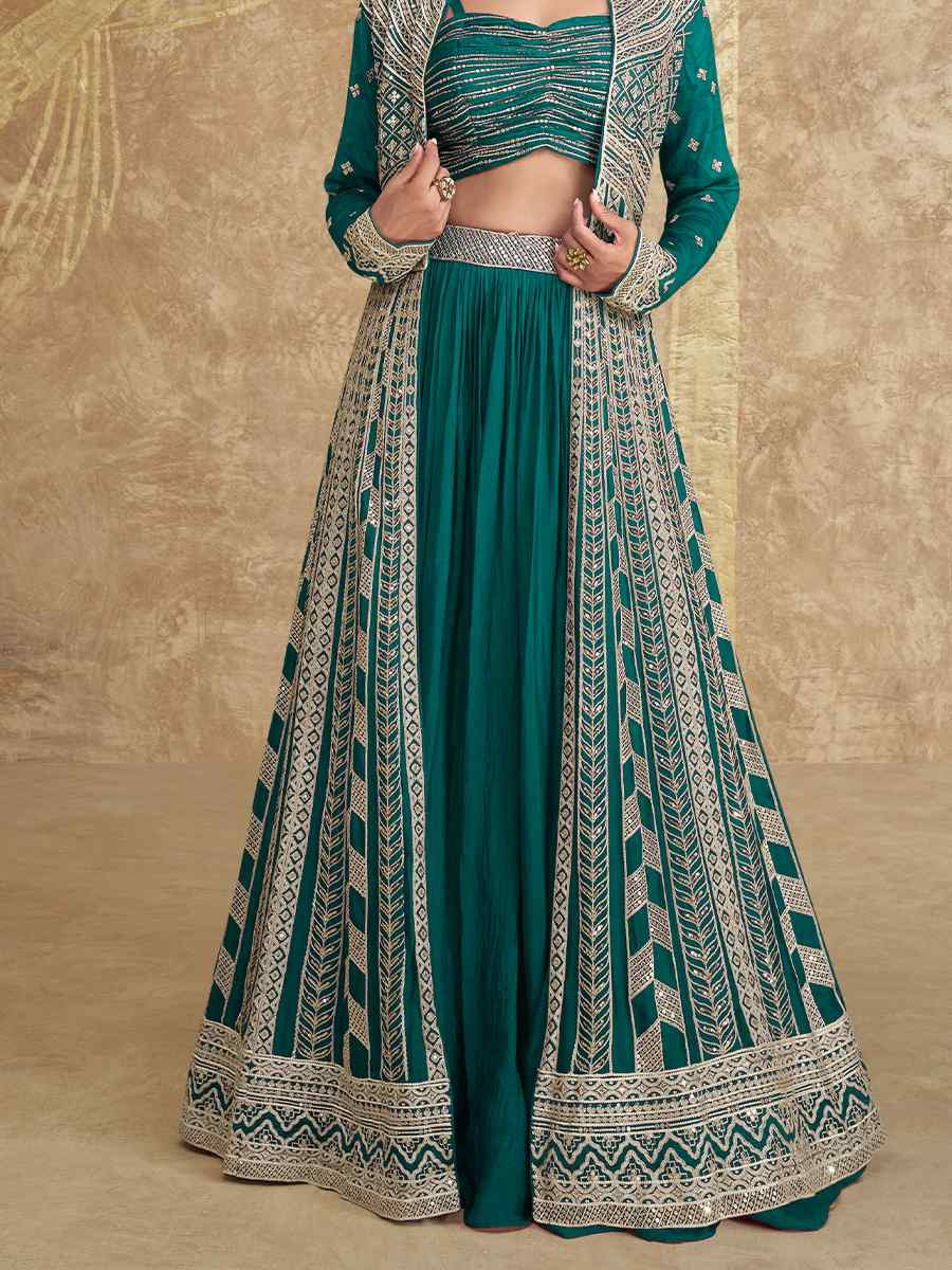 Dark Green Real Premium Chinon Silk Embroidered Wedding Festival Kurti Lehenga Choli