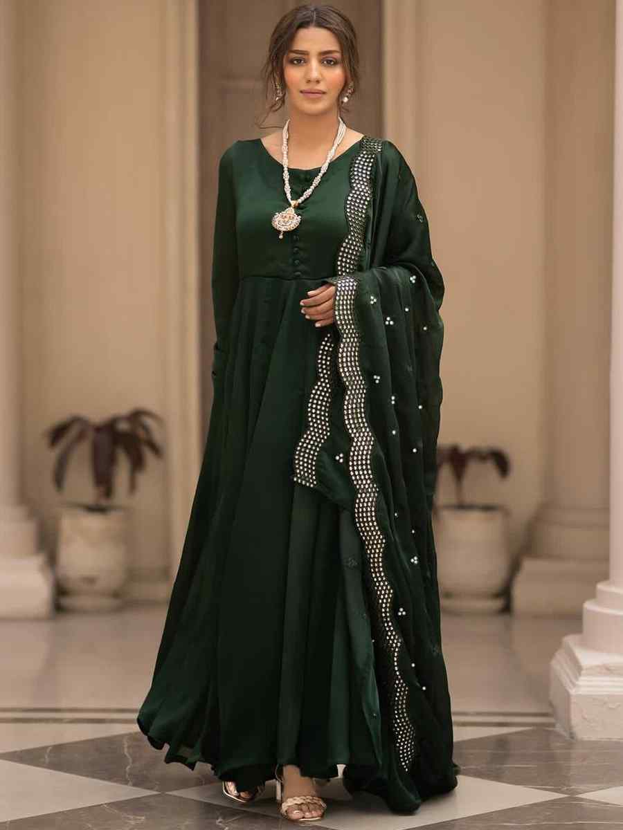 Dark Green Roman Cotton Embroidered Festival Party Ready Anarkali Salwar Kameez