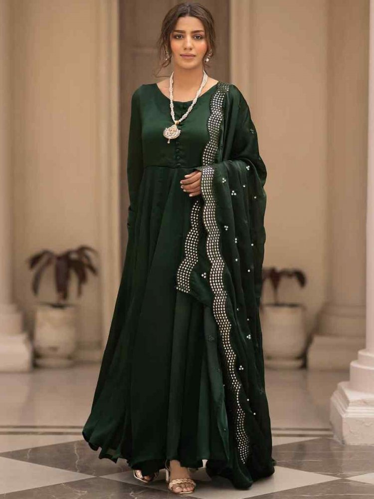 Dark Green Roman Cotton Embroidered Festival Party Ready Anarkali Salwar Kameez