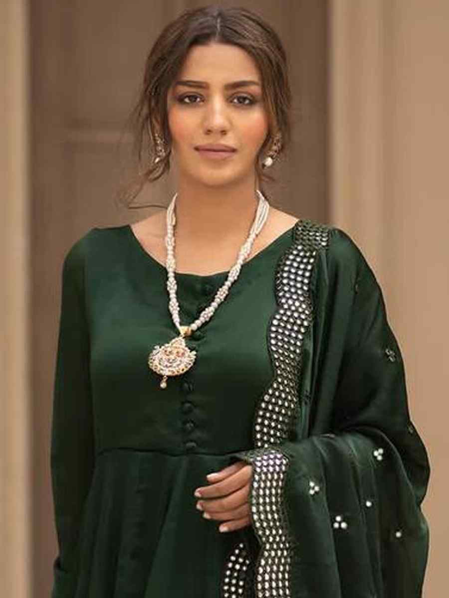 Dark Green Roman Cotton Embroidered Festival Party Ready Anarkali Salwar Kameez