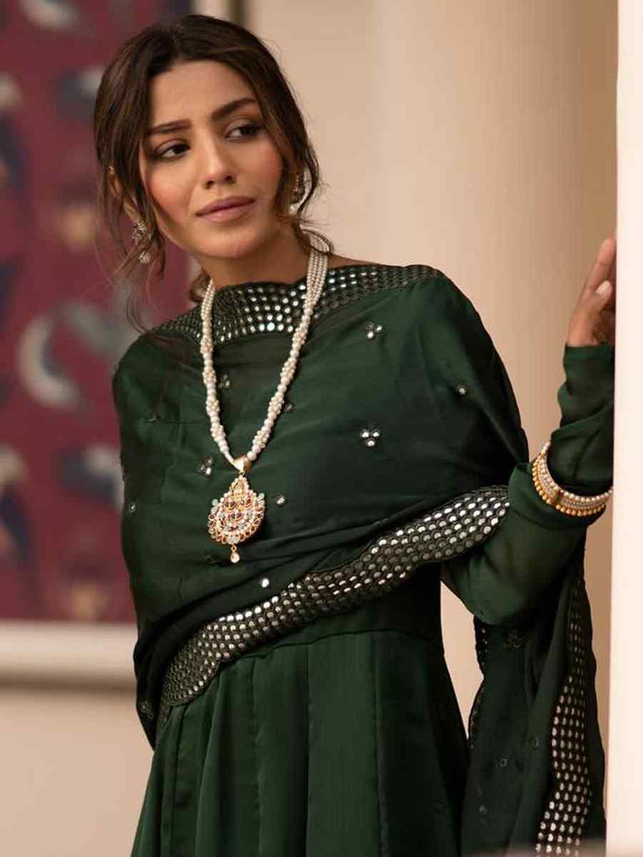 Dark Green Roman Cotton Embroidered Festival Party Ready Anarkali Salwar Kameez