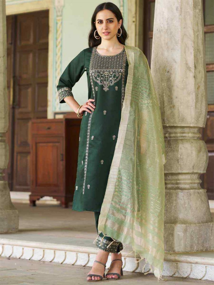 Dark Green Silk Blend Embroidered Festival Mehendi Ready Pant Salwar Kameez