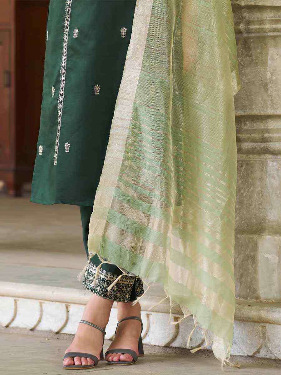 Dark Green Silk Blend Embroidered Festival Mehendi Ready Pant Salwar Kameez