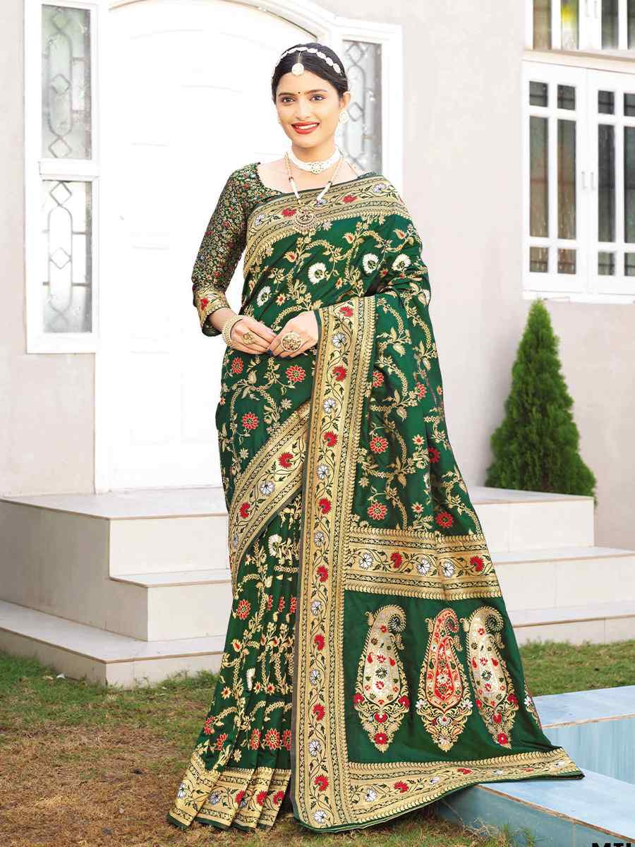 Dark Green Silk Handwoven Festival Wedding Heavy Border Saree