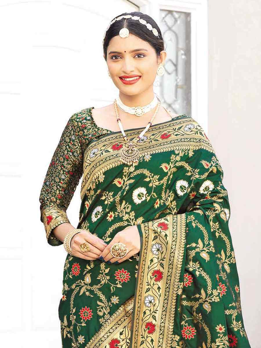 Dark Green Silk Handwoven Festival Wedding Heavy Border Saree