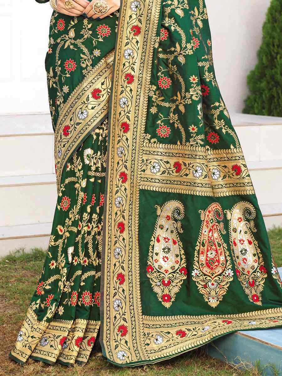 Dark Green Silk Handwoven Festival Wedding Heavy Border Saree